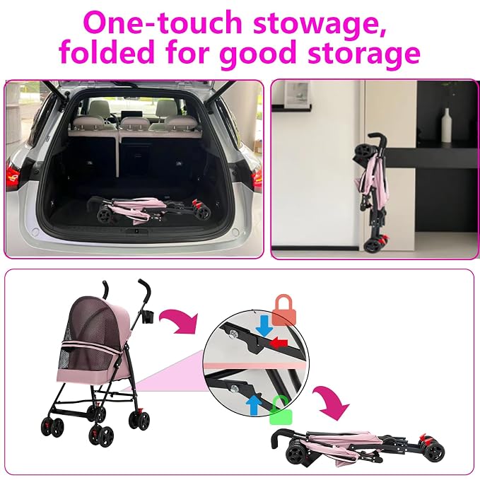 Pet Stroller for Small Dogs and Cats,CYUmail 4 Wheels Foldable Dog Stroller,Puppy Carrier for Small Dogs 0-15 lbs w/Cup Holder,Breathable Visible Mesh,Pink