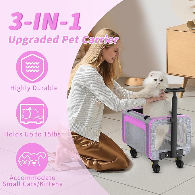 Airline Pet Carrier with Wheels, 18x11x11 for Cats & Toy Dogs | Soft-sided nylon under-seat bag, removable wheels, expandable mesh, cats & toy-breed dogs, measure pet before buying