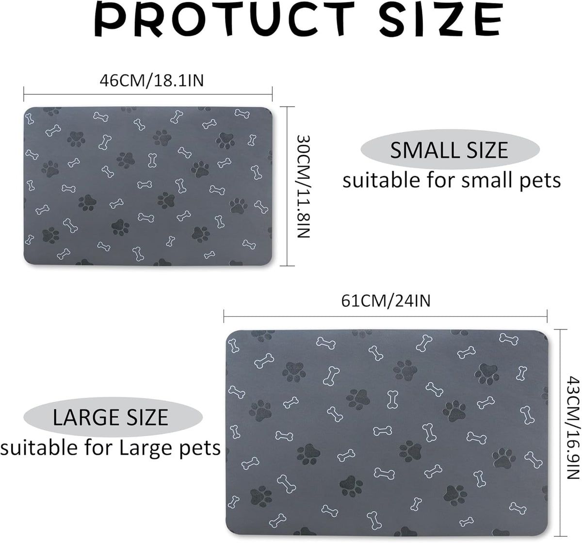 Pet Cat Dog Food Non Slip Mat for Water Bowl, Quick Dry Absorbent Feeding Mat, 18.1 * 11.8 in, Black