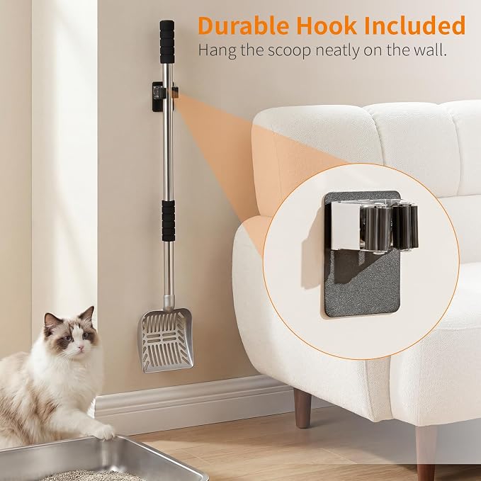 Yangbaga Metal Cat Litter Scoop: Detachable Long Handle Litter Scooper | Heavy Duty Stainless Steel Pooper Scooper w/Deep Shovel-Non Stick Sifter w/Foam Padded Grip-No Bending w/Storage Hook