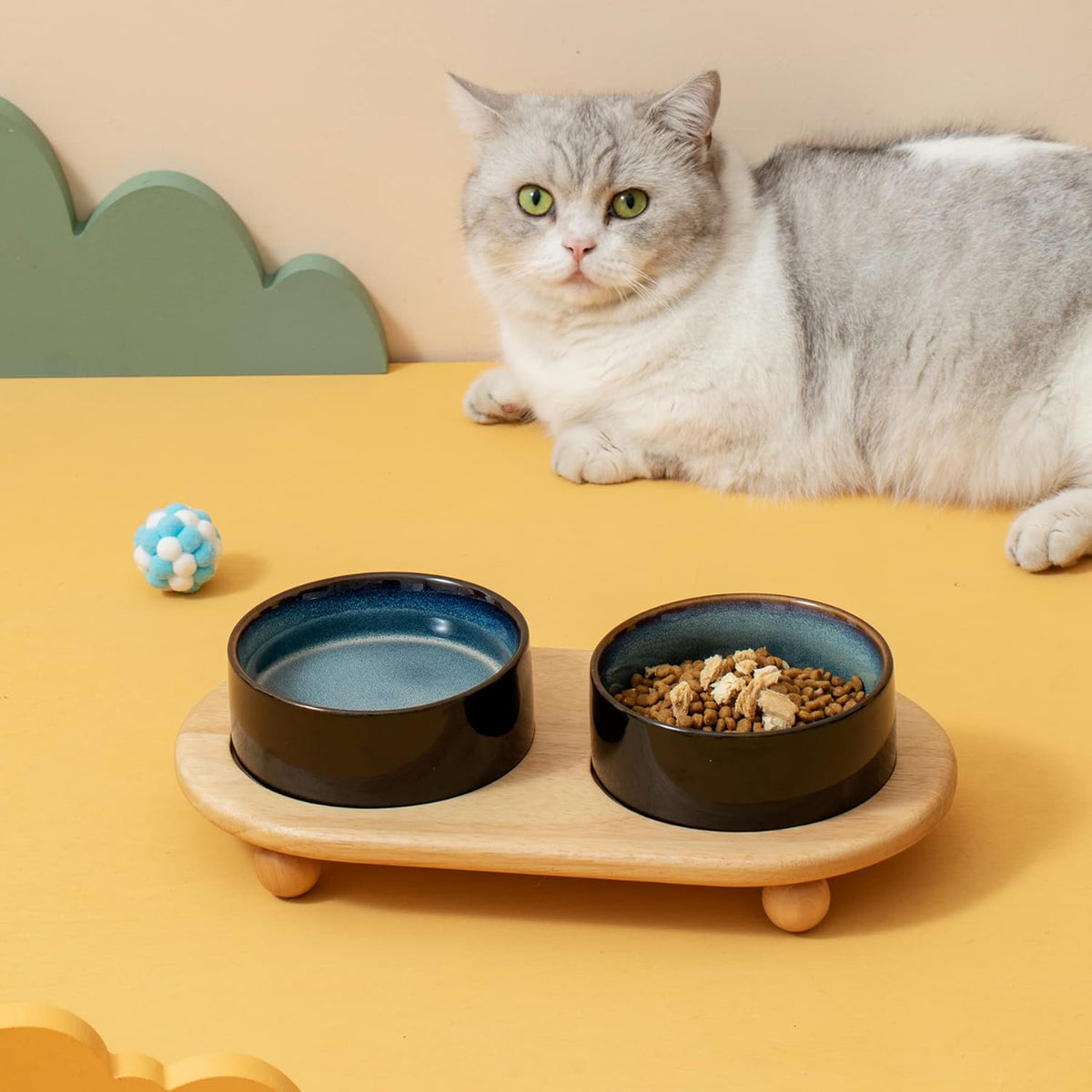 Ceramic Elevated Dog Bowls, Food and Water Bowls for Dogs, Puppy, Raised Dog Dish, Pet Feeder(6inch, 2 x Starry Sky + Stand)