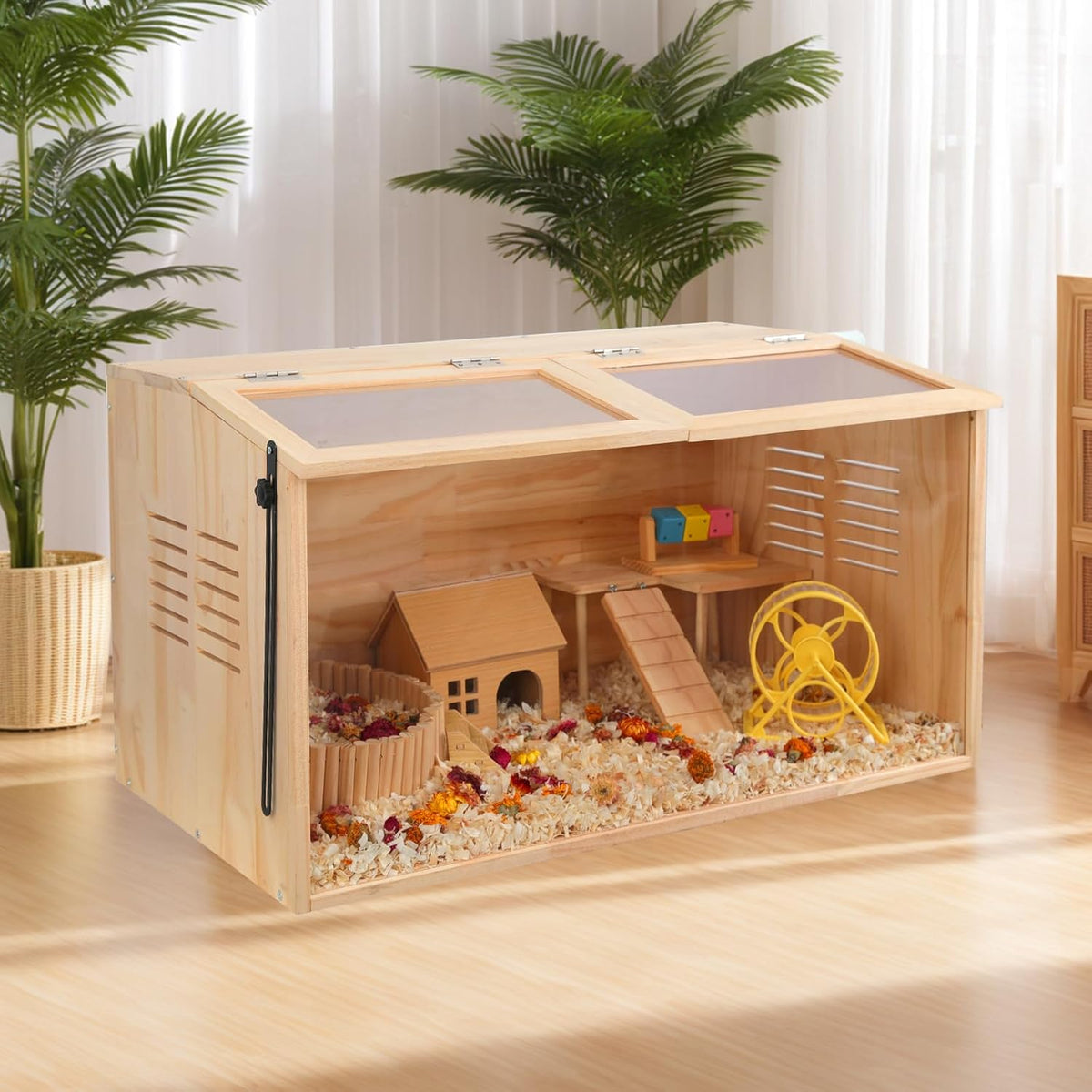 Wooden Hamster Cage,48" Lx20 Wx20 H,Animal Cabinet for Dwarf Syrian Hamsters Degus, Hamster Habitat with Openable Top and Large Acrylic Sheets.