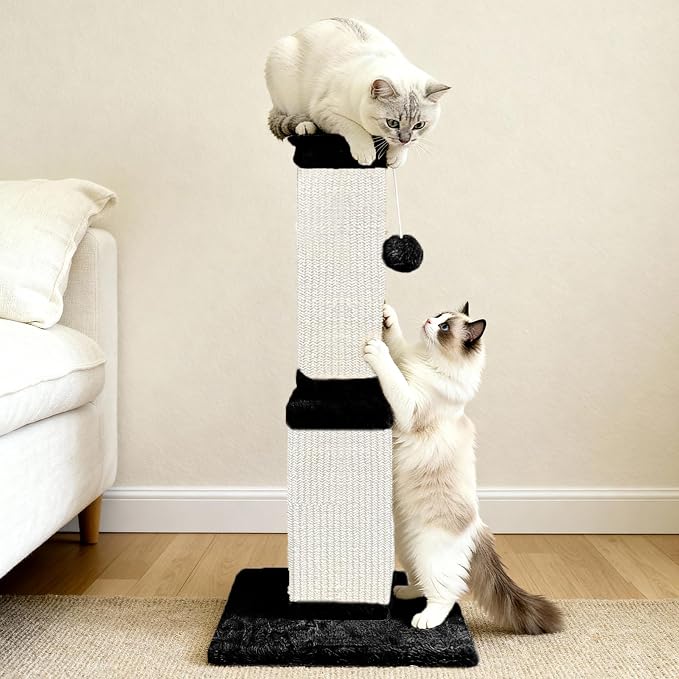 Cat Scratching Post, 32 Inch Cat Scratching Posts for Large Cats, Scratching Posts for Indoor Cats Adults, Cat Scratch Post with Nature Sisal, Black and White