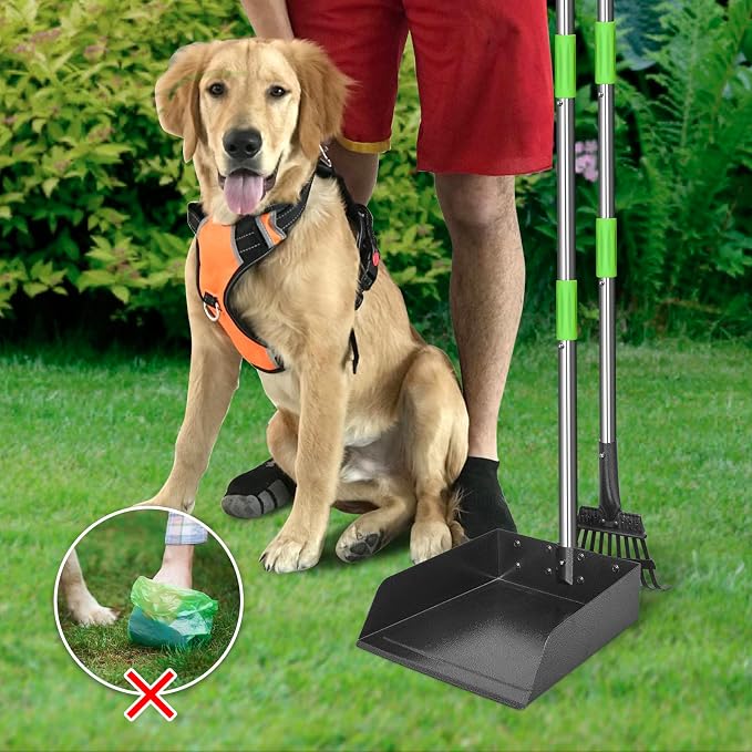 Larger Pooper Scooper for Large Dogs, Dog Pooper Scooper for Large Medium Small Dogs Long Handle Stainless Metal Tray and Rake Set Heavy Duty (Pack of 2)