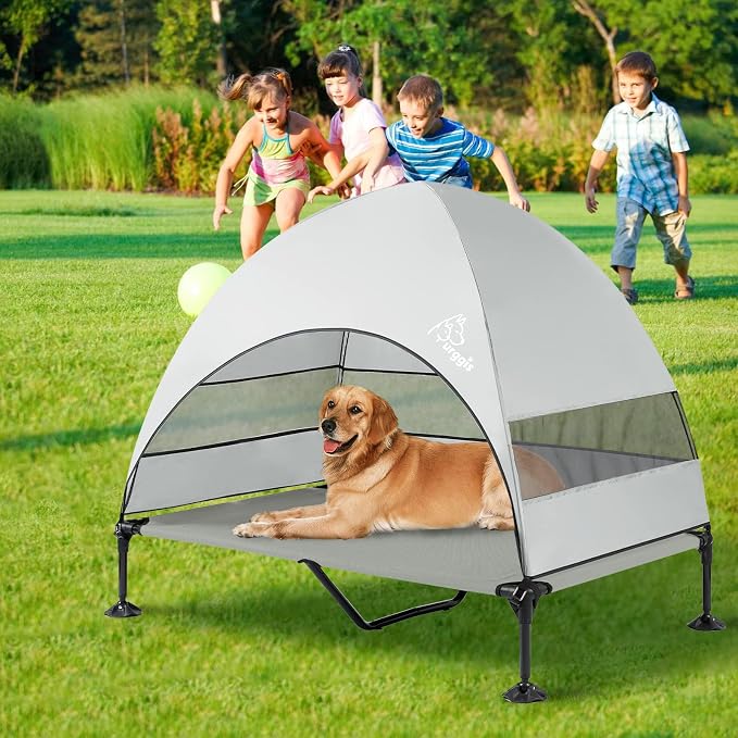 Elevated Outdoor Dog Bed with Canopy Raised Dog Cot with Shade Large Dog | Outdoor Dog Bed with Removable Wider Shade & Stable Anti-Slip Feet for Camping Raised Dogs Cot for Large Pets
