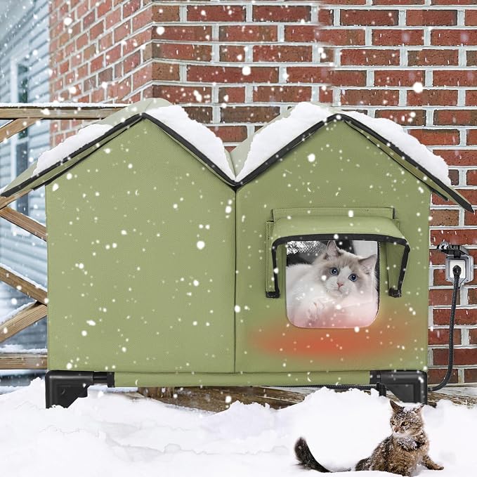 Heated Cat House, Large Heated Outdoor Cat House Weatherproof for Winter, Elevated Waterproof Insulated Cat Houses for Outdoor Cats, Comfortable and Warm Feral Cat Shelter (Green)