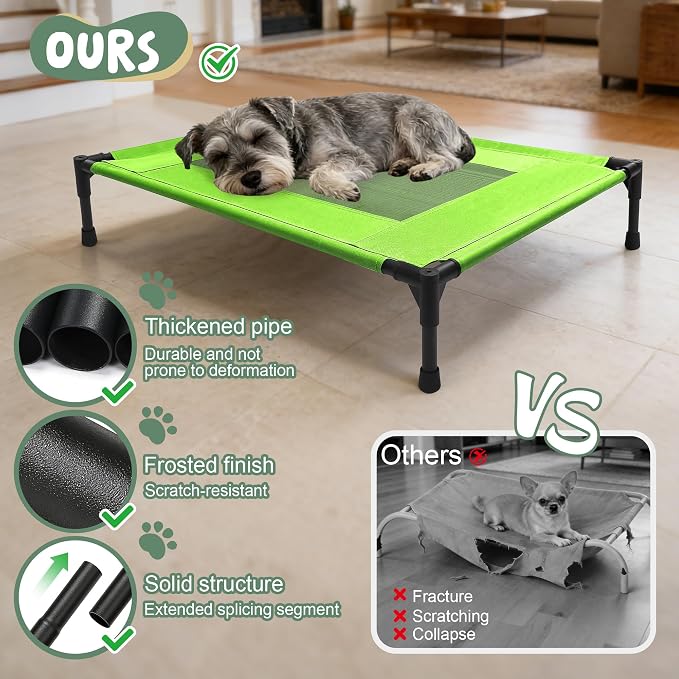 Elevated Dog Bed for Large Dogs - Outdoor Cooling Cot with Washable Breathable Mesh, Portable Raised Pet Bed with Non-Slip Feet & Waterproof Teslin, Heavy Duty & Chew Proof for Camping (Green, Medium)