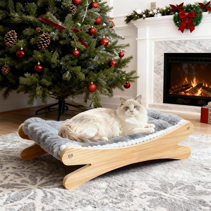 Plush Elevated Cat Bed - Cozy Raised Cat Hammock with Solid Wood Frame, Soft Furry Cushion for Indoor Cats & Small Dogs, Multi-Color Options(Grey)