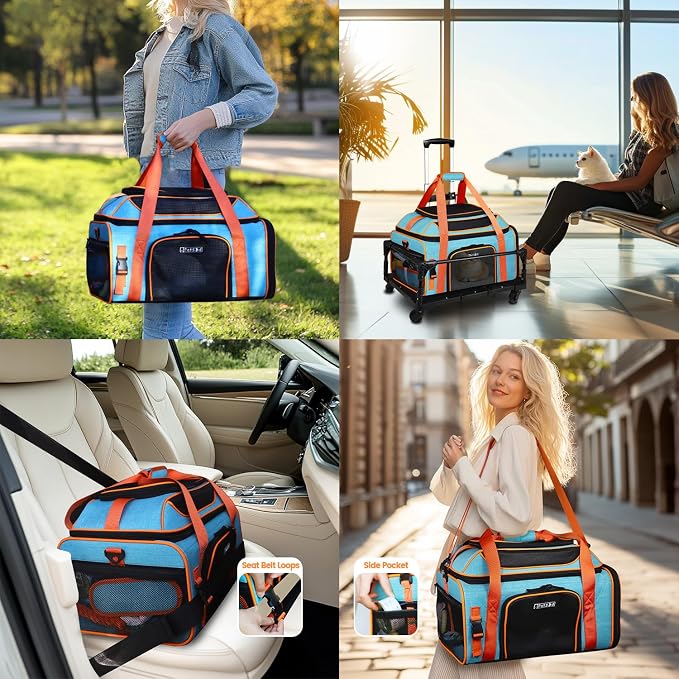 Petskd Top-Expandable Small Pet Carrier with Wheels (19" L x 13" W x 9" H), Southwest/Allegiant Airlines Approved, Rolling Pet Carrier for Small Dogs & Cats (Black)