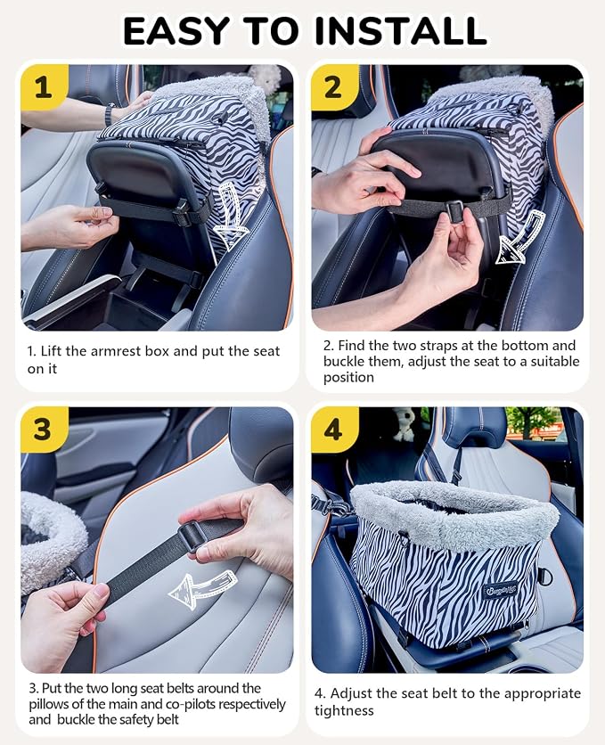 BurgeonNest Center Console Dog Car Seat for Small Dogs up to 9 lbs Cute Zebra Print