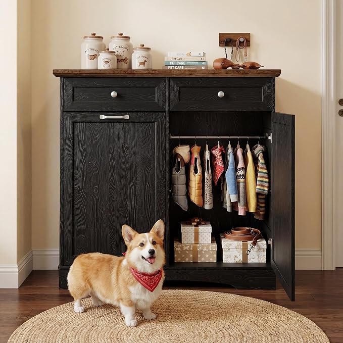39.7’’W Dog Feeding Station, Tilt-Out Dog Food Cabinet for Multi-Pets, Pet Feeder Station with 4 Feeding Bowls, Dog & Cat Storage Organizer with Hanging Rod, (Black, Dual Doors)