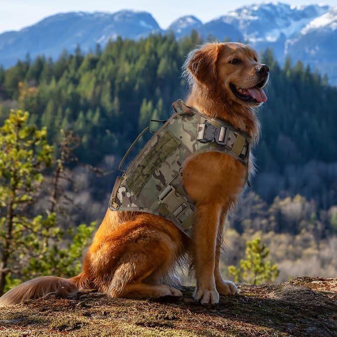 Tactical Dog Backpack Harness for Large Breed Original Design Metal Buckle Vest with Side Bags Pouches for Service Working Training (Khaki (with 2 Pouches), XL)