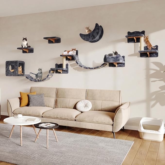 Cat Wall Furniture, 13 in 1 Moon & Bridge Cat Wall Shelves, Grey | Wall Mounted Cats Shelf Set with Plush Fabric, Cat Climbing Systems for 16 Inch Drywall, Condo, Scratching Post, Space-Saving