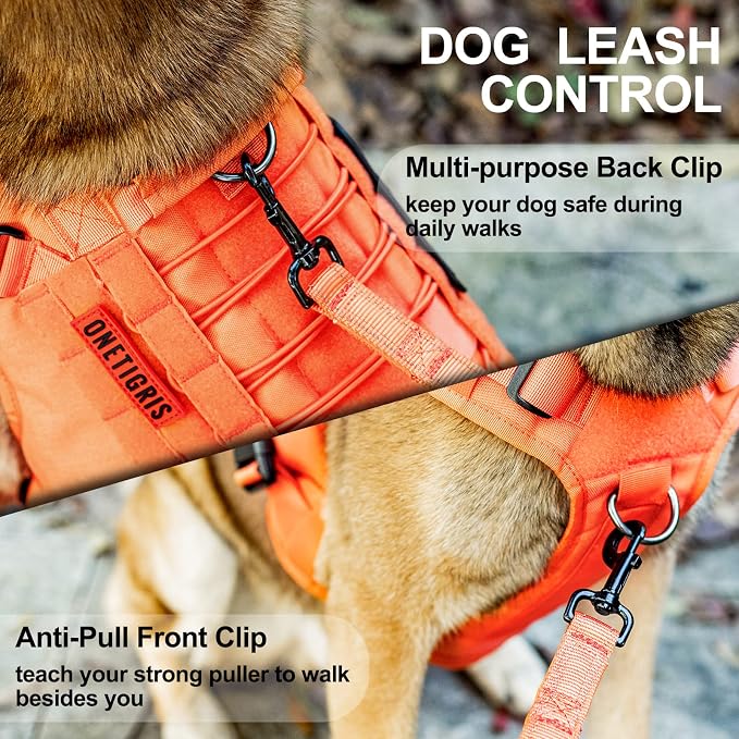 OneTigris Dog Harness Vest with Handle, Military Dog Harness for Large Medium Dogs,FIRE Watcher 2.0 No-Pull Service Dog Vest,Adjustable Dog Vest Harness for Walking Hiking Training(L,Orange)