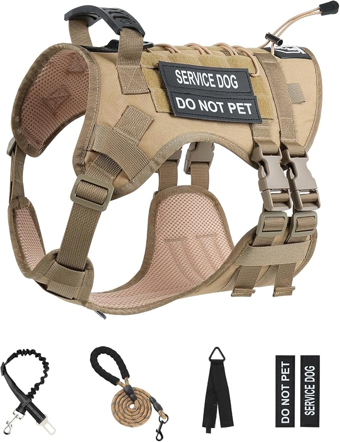 No Pull Tactical Dog Harness Medium Sized Dog, Service Dog Vest, M, Brown | Tactical Dog Vest Harness and Leash Set, Adjustable Military Service Dog Harness with Handle for Medium Large Dogs