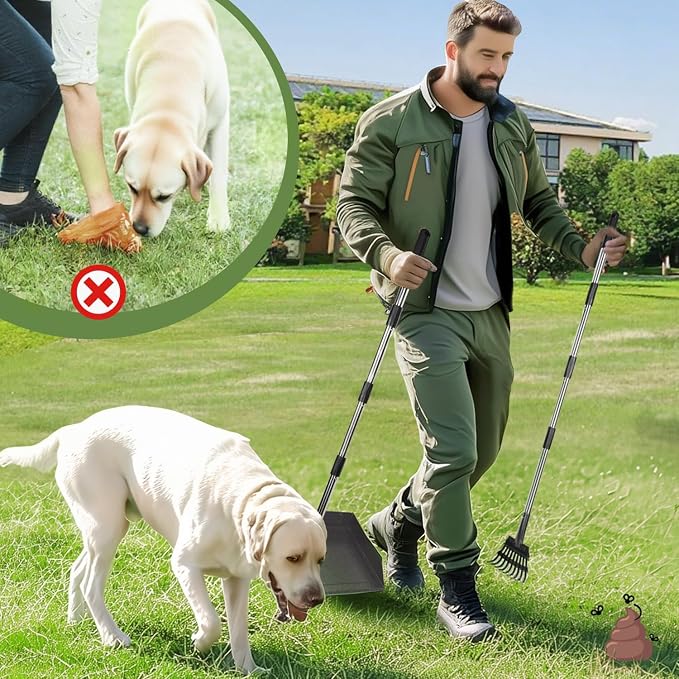 T2Y Pooper Scooper for Large Dogs, Rake & Spade & Extra Large Tray Set | 48" Tall No-Bend | 9.4'' Large Tray | Stainless Steel | Adjustable | Works on Grass, Gravel & Dirt | Easy to Install