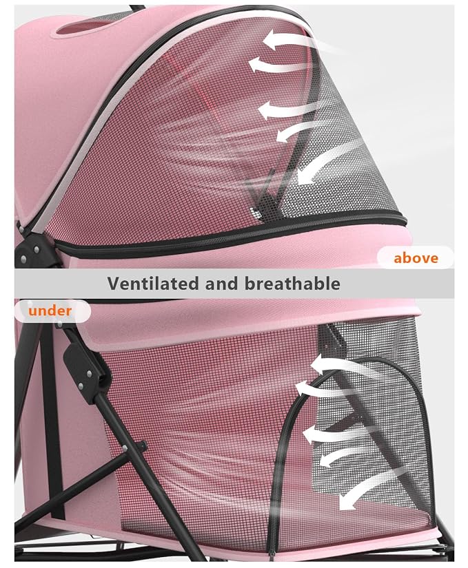 OS MOTOR 4 Wheels Pet Stroller for Small Medium Pets, Pink | Foldable Carrier Jogger, Rear Wheel Breaks, Storage Basket, Visible Mesh Weather Cover, Portable, Dog, Cat, Puppy, Kitty