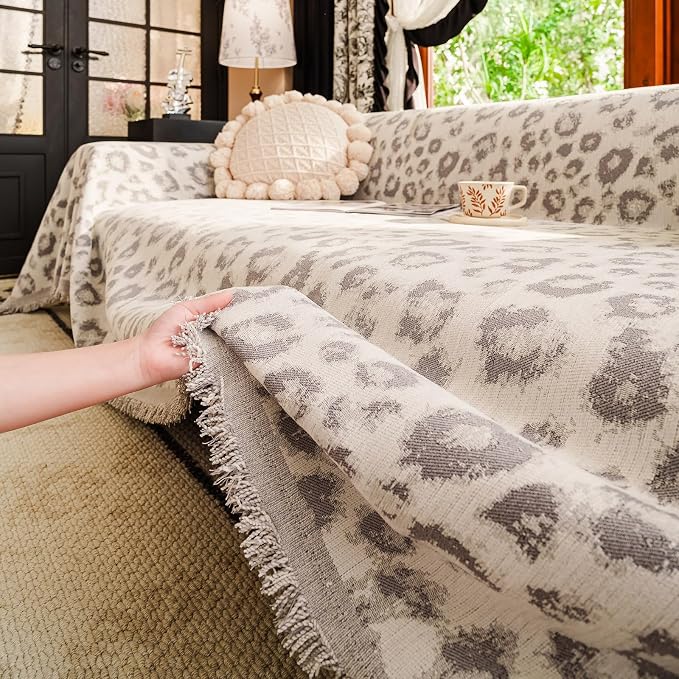 VClife Boho Couch Covers Vintage Leopard Sofa Covers for Sectional Couches, Washable Chenille Couch Cover for 3 Cushion Couch Sofa, Multi-Functional Living Room Furniture Protector for Sofa Bed, Gray