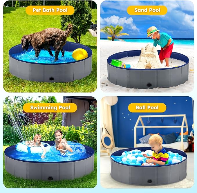 Niubya Foldable Dog Pool, Collapsible Pet Bathtub, Anti-Slip Hard Plastic Bath Pool for Dogs and Cats, 80 x 16 Inches
