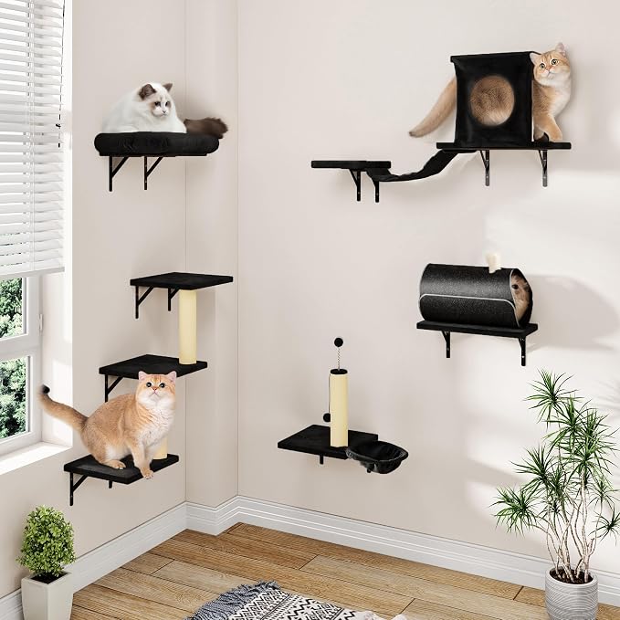 7-in-1 Cat Wall Shelves, Cat Climbing Wall Systems, Space-Saving Wall Mounted Cat Shelves for Play & Rest Includes Tunnel, House, Bridge, Steps, Scratcher, Hammock, Shelves, Black