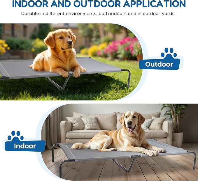 Cooling Elevated Dog Cot Bed Outdoor Raised Portable Dog Beds No-Slip Feet Portable Durable Pet Hammock Bed, 60x37x9 Inch, Grey