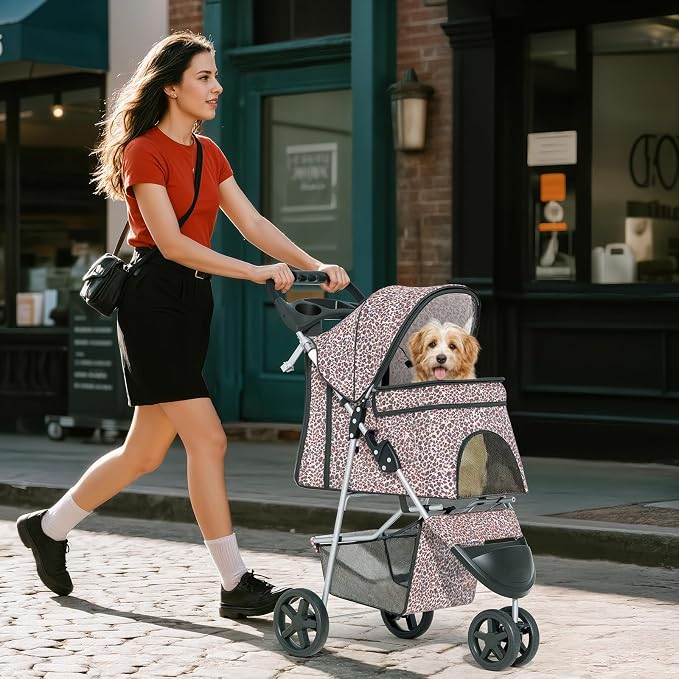 Pet Stroller for Small Dogs 10 lbs, Dog Stroller for Medium Dogs 30 lbs, Cat Strollers for 2 Cats, 3 Wheels Foldable Jogger Puppy Stroller with Storage Basket and Cup Holder, Leopard Print