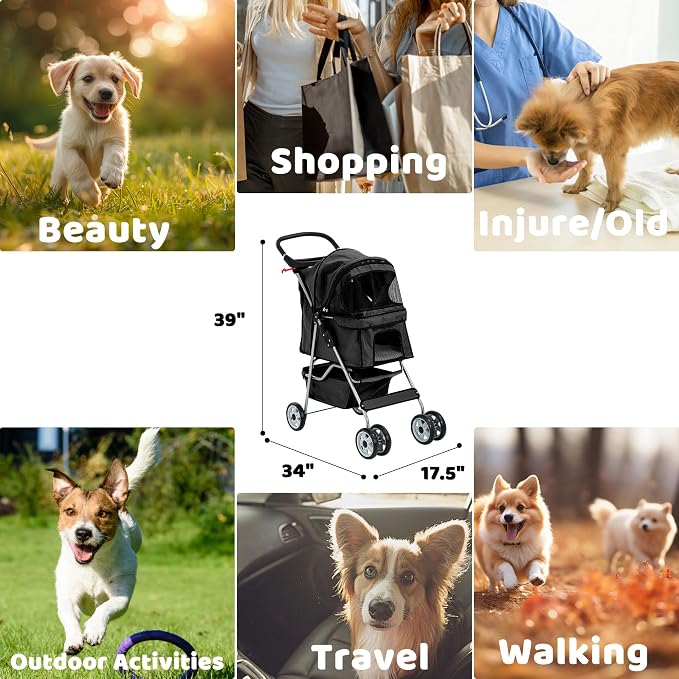 Pet Stroller for Small Medium Dogs & Cats, 4-Wheel Breathable Compact Foldable Dog Carrier with Storage Basket, Outdoor Portable Lightweight Travel Stroller for Camping,Black