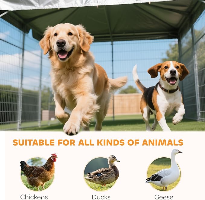 PawHut Outdoor Dog Kennel with 2 Rooms, 8' x 4' x 6' Heavy Duty Welded Wire Dog Playpen Enclosure with Escape-Proof Lock, UV-Resistant & Waterproof Cover, for Large Dogs, Chickens, Ducks, Silver | Heavy Duty Welded Wire Dog Playpen Enclosure, Escape-pr...
