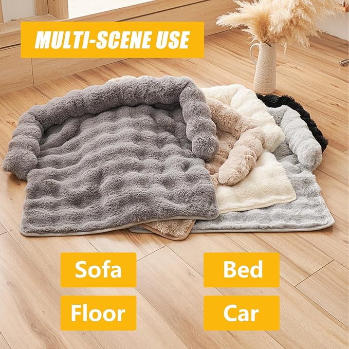 Calming Dog Bed for Couch, 29.5 x 29.5 inch, Non-Slip Rabbit-Velvet Dog Sofa Mat for Furniture Protector, Perfect for Small, Medium Dogs and Cats (Off-White, Medium)