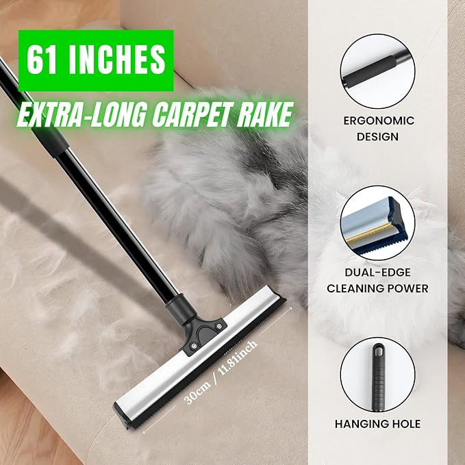 Carpet Rake Kit for Pet Hair Removal & Fluffing Matted Carpet – 61" Adjustable Handle, Deep Clean Dog & Cat Hair Remover, Reusable Scraper for Rugs, Low Pile Carpet, Couch Stairs & Car