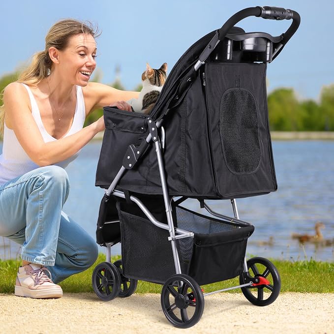 Foldable Pet Stroller for Cats and Dogs 3 Wheels Carrier Strolling Cart with Weather Cover, Storage Basket + Cup Holder (Black)