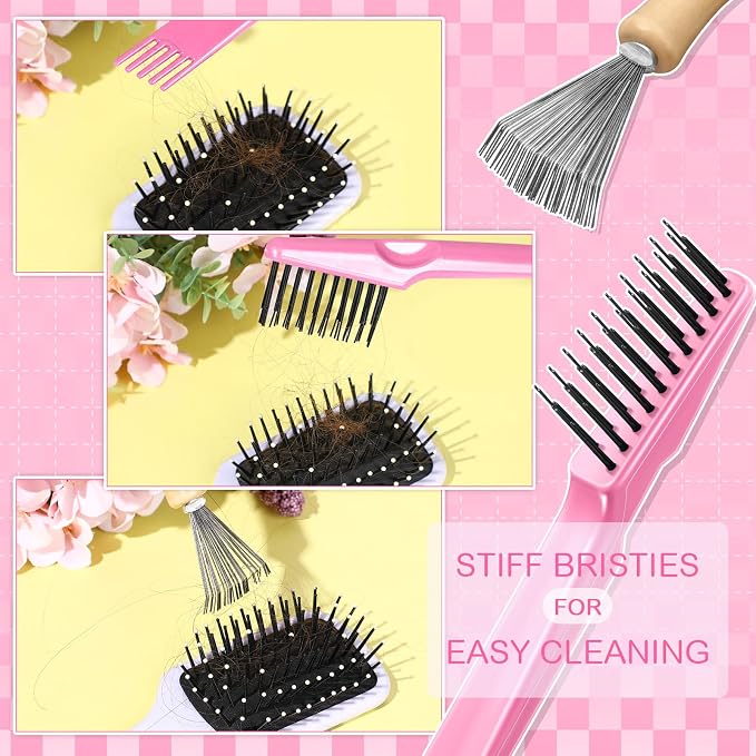 Boao 2 Pack Hair Brush Cleaning Tool,2-in-1 Comb Rake and Brush Cleaner for Removing Hair,Dust and Buildup,Mini Hairbrush Accessory for Home&salon(Pink, Wood Color,Polished Wooden Handle Rake)