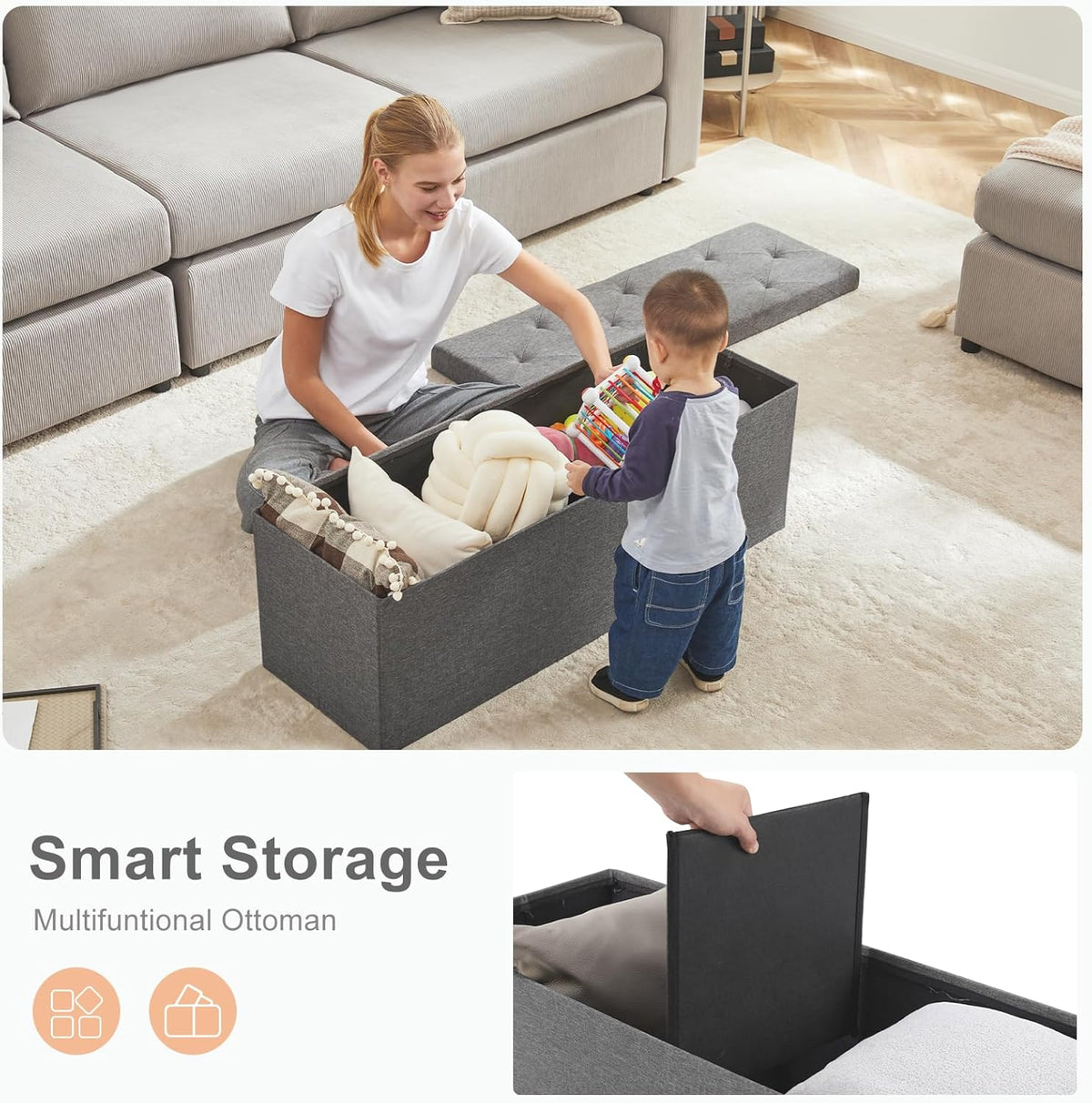 Sweetcrispy 43in Foldable Storage Ottoman Bench, Foot Rest Stool Storage Chest with Padded Seat, End of Bed Bedroom Bench for Living Room, Support 660lbs, Dawn Grey