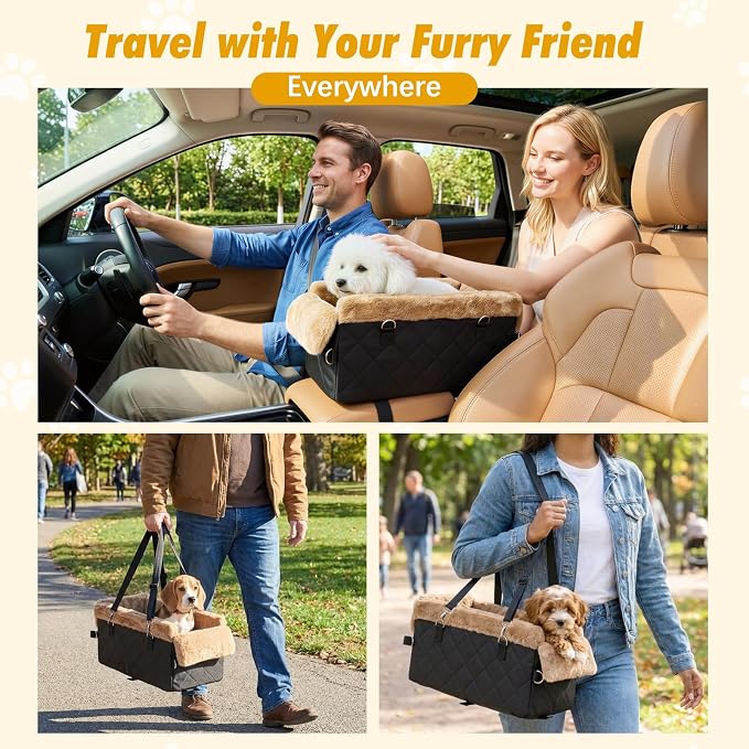 VavoPaw Center Console Dog Car Seat for Small Dogs&Cats Under 12 LBS | Puppy Car Seats with Non-Slip&Strong Support,Anti-Collapse Portable Pet Bed for Puppies with Soft Cushion Safety Belt,Brown