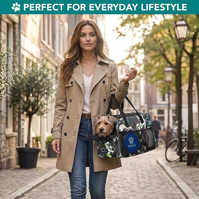 PetAmi Dog Purse Carrier for Small Dogs Cats, TSA Airline Approved Soft-Sided Pet Carrier with Pockets, Ventilated Travel Tote Bag with Bed & Shoulder Strap, Puppy Kitten, Max 12 lbs, Floral Gray