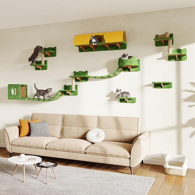 Cat Wall Furniture, 9 in 1 Cat Wall Shelves Set with Bridge, Beige | Wall Mounted Cats Shelf for Space-Saving, Multi-Level Cat Climbing Systems for 16 Inch Drywall, with Scratching Posts, Condos
