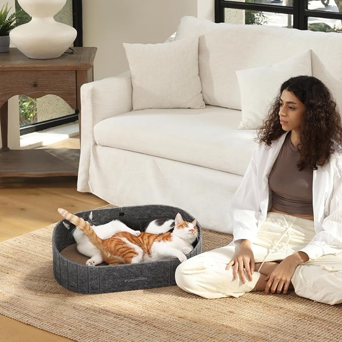 FUKUMARU Cat Scratcher, 24 Inch Sofa Shape Cat Scratching Bed Couch Indoor | Oval Felt Cat Scratcher Bed with Reversible Detachable Cat Scratching Boards, Round Cats Scratch Pads Refill, Dark Grey