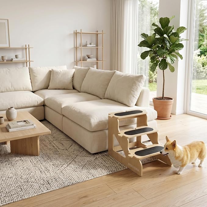 PERUGINA Wood Dog Stairs for Bed,NaturalWood Pattern,L 80lb