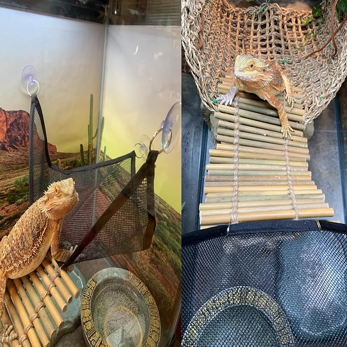 kathson Reptile Bridge for Terrarium,Bearded Dragon Wooden Bridges Gecko Hammock with Hanging Plants Lizard Lounger Bamboo Ladder Reptiles Tank Accessories Climbing for Chameleons Geckos Snakes (3Pcs)
