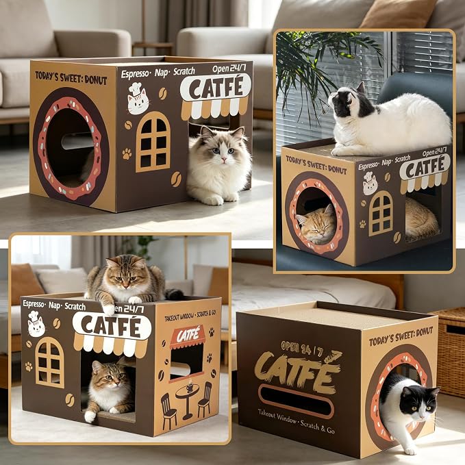 ARGOPET Cardboard Cat Scratcher House, Cozy Cardboard Design with 2 PCS Scratching Pads, Cat Scratcher Box & Bed, 17-Inch Corrugated Cat Scratcher, Safe and Secure for Kittens, Easy to Assemble(Brown)