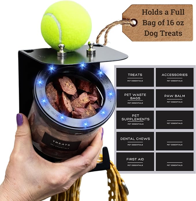 Dog Leash Holder for Wall with Shelf - Wall Mounted Dog Treat Holder & Station, 1 Airtight 16oz Treat Container, 6 Hooks, Patented Lidless Slide-to-Seal Jar, Solid Steel, Made in USA