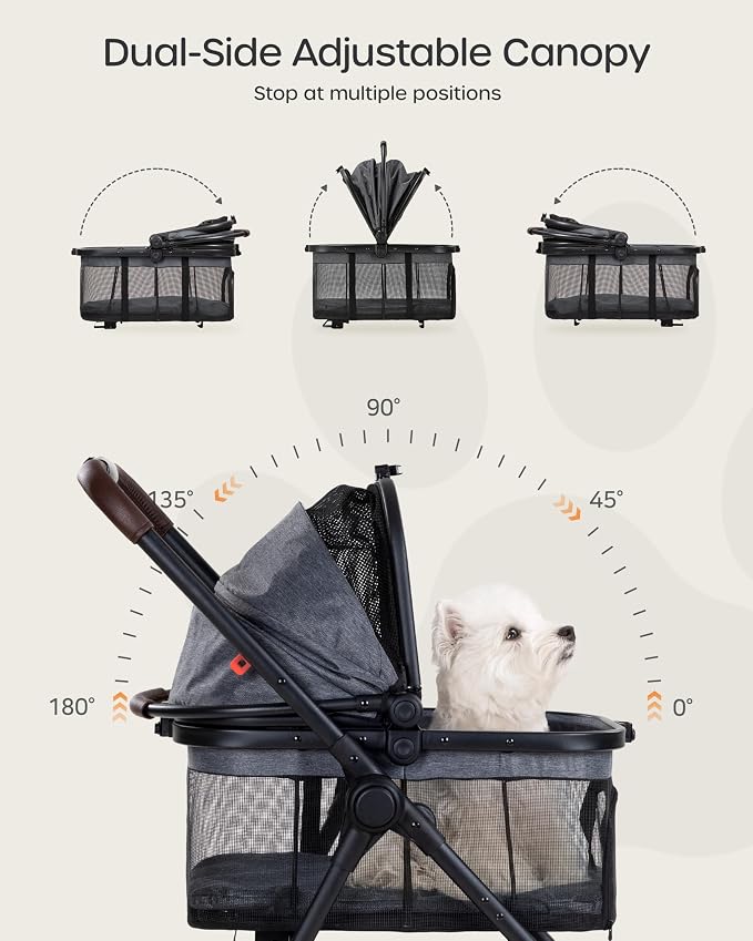 3 in 1 Pet Carrier Stroller with Detachable Carrier, Foldable Dog & Cat Stroller for Small/Medium Dogs up to 33 lbs, Large Storage Bag, Full Window Mesh, One-Touch Dual Brake, Car Seat