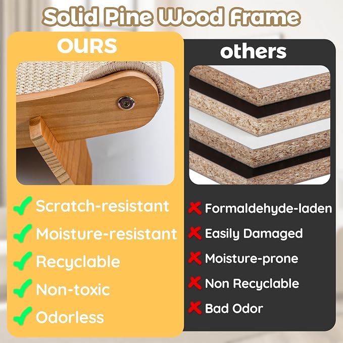 LECHONG 3-in-1 Large Sisal Cat Scratch Bed, Thicker Natural Sisal 22” Elevated Wooden Frame Hammock Lounge for Indoor Cats Sleep, Scratch & Play
