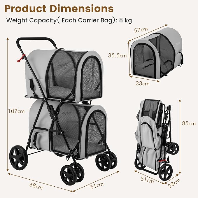 PETSITE Double Dog Stroller, Foldable Pet Stroller for 2 Dogs & Cats Small Medium Sized with Detachable Carrier on Wheels, Ideal for Car Seat Walking Camping Travel (Grey)