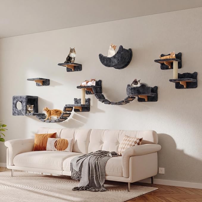 13-in-1 Cat Wall Shelves, Moon & Bridge Cat Wall Furniture, Grey | Wall Mounted Cats Shelf Set with Plush Fabric, Cat Climbing Systems for 16 Inch Drywall, Condo, Scratching Post, Space-Saving