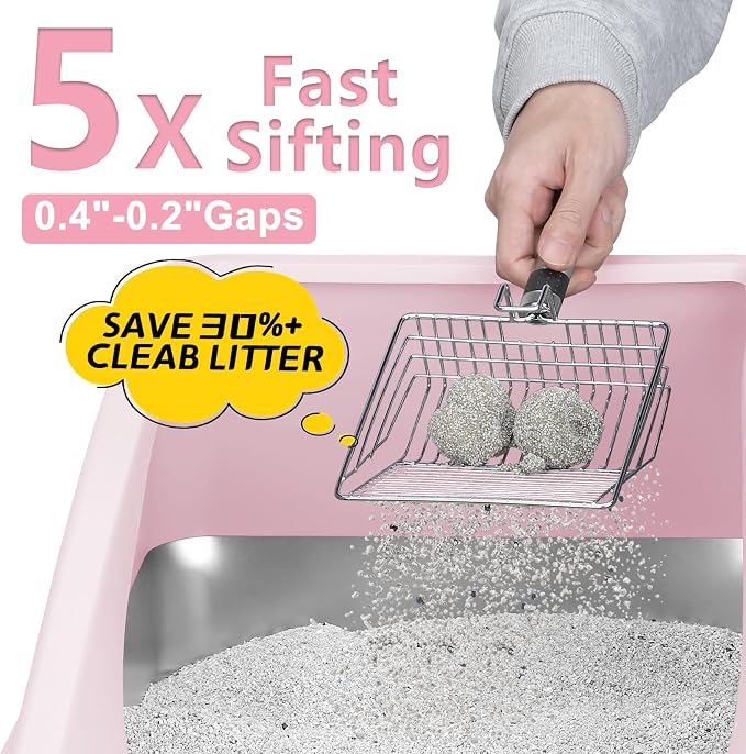 Stainless Steel Litter Box | XXL Deepened 8" Design Enclosed Box with Lid for Big Cats | High Sided, Anti-Urine Leakage | Non-Stick Bottom & Includes Litter Mat & Metal Scoop(Cute Pink)