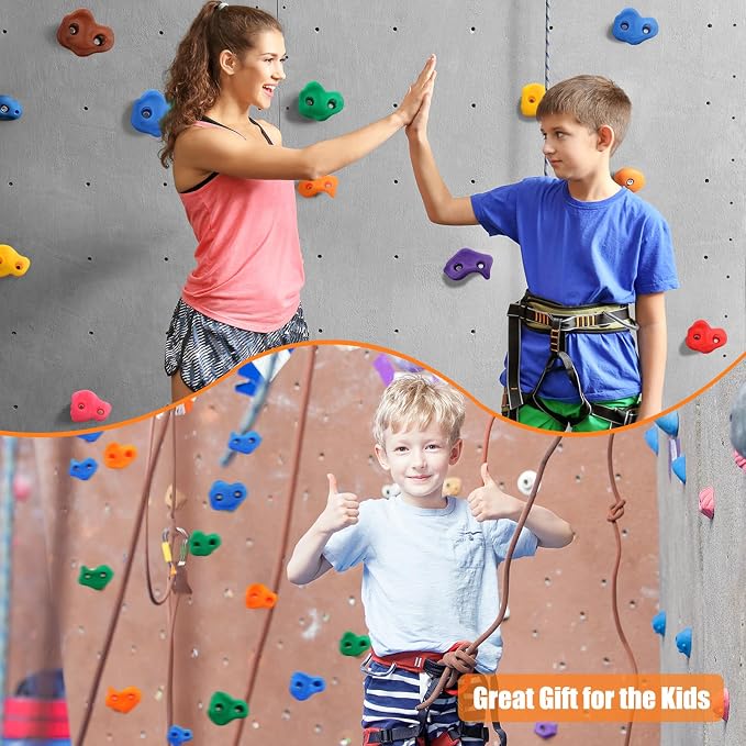 Meooeck 40 Pcs Rock Climbing Holds Set for Kids with Mounting Screws and 2 Wrenches, Mix Colored Climbing Rocks DIY Wall Grip Kits for Outdoor Indoor Playground Backyard Play Set