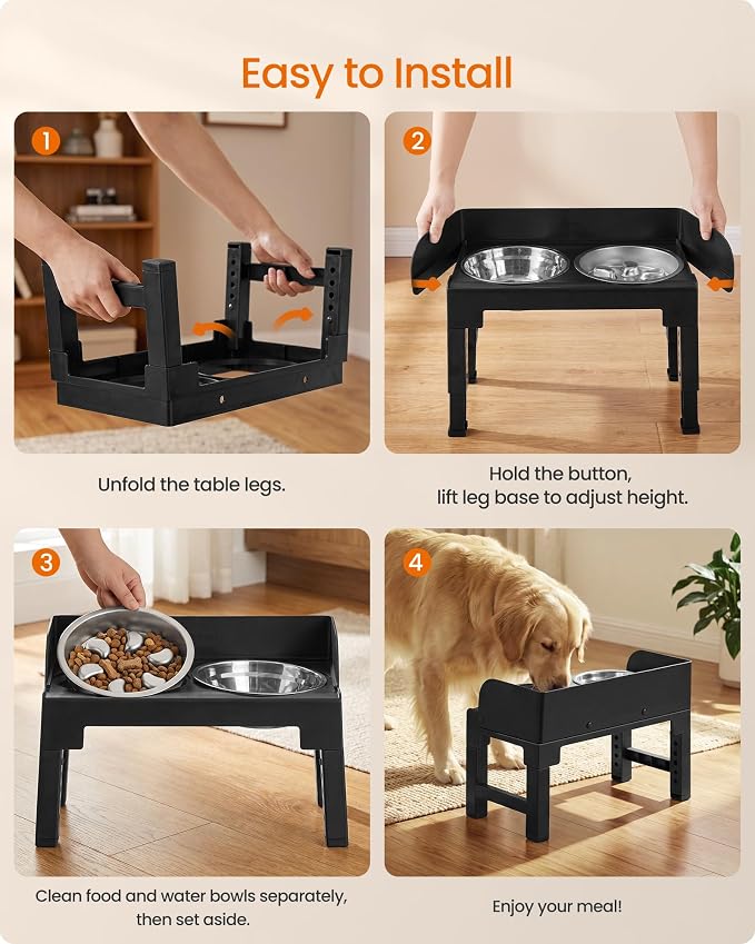Feandrea Dog Bowls Elevated, Adjustable Height, Tilted Design | Raised Stand, 1 Slow Feeder, Two 304 Stainless Steel Bowls, Ink Black, BOXAL Collection UPRB104B101