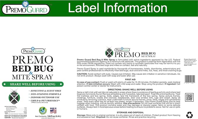 Premo Guard Bed Bug & Mite Killer Spray - 100% Kill Rate Formula, 128 oz | University Tested, Safe for Bedding, Furniture, Fabrics, and Clothing, Non Toxic, Stain & Scent Free, Child & Pet Safe