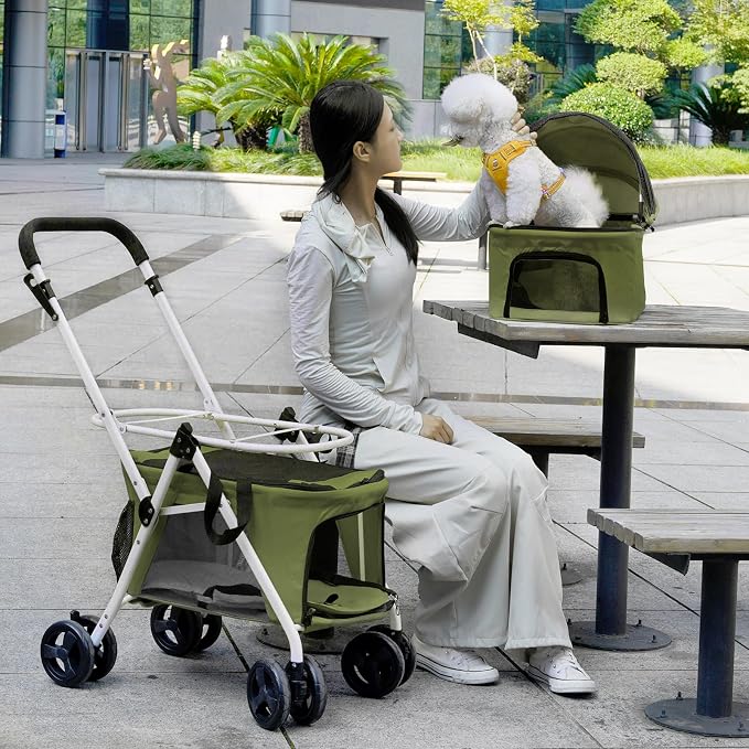 Double Dog Stroller with 2 Detachable Carrier, Portable Pet Stroller for Small Dogs & Cats Folding Lightweight Puppy Travel Carriage, 4 Wheels, Olive Green